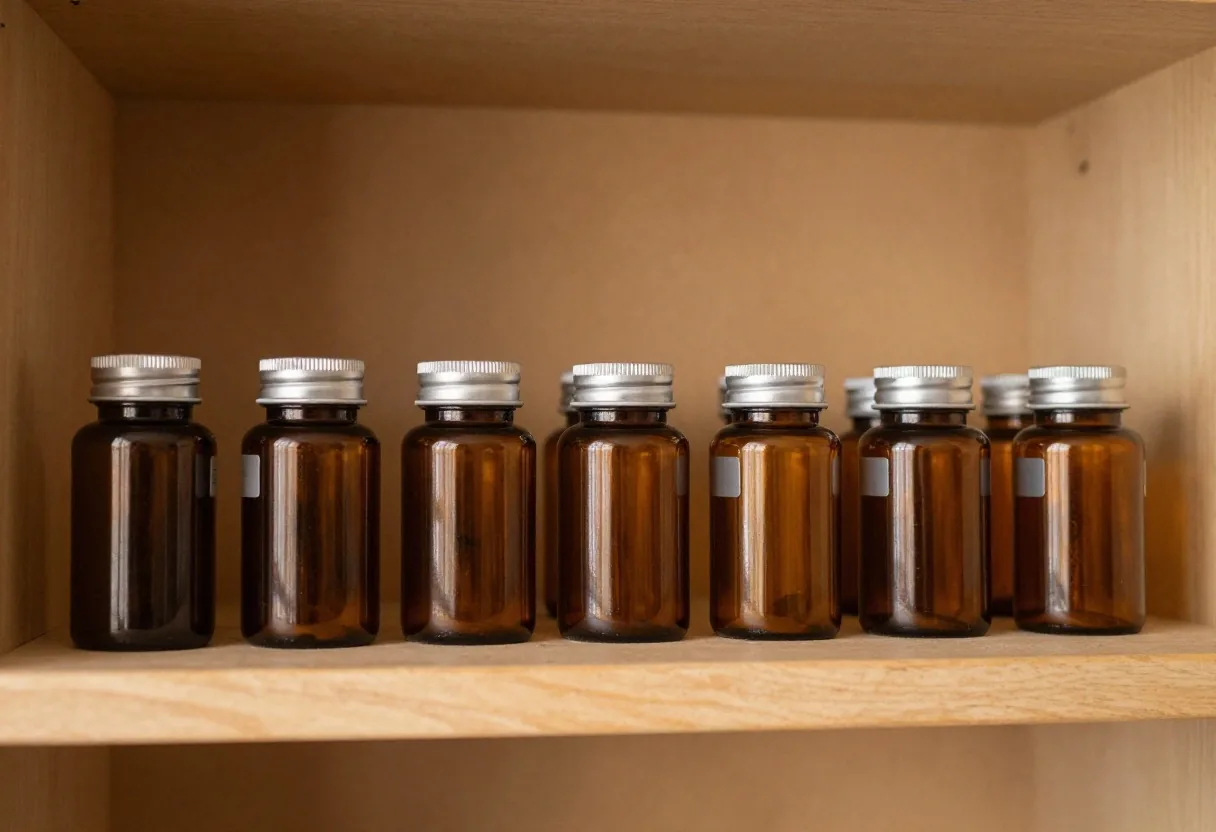 A row of amber supplement bottles turned label-side to the wall with a steel ruler resting in front of them on a shelf