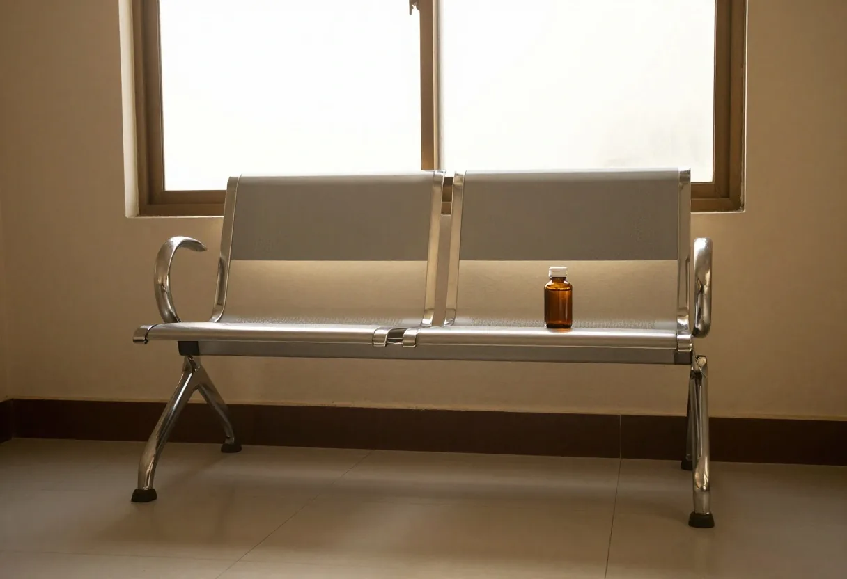 An opened amber supplement bottle resting on a plain ledger sheet on a laboratory bench in morning light