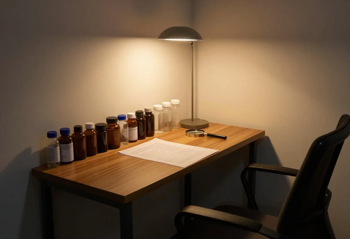 A quiet editorial worktable with several supplement bottles in a row beside a magnifier and an upturned printed sheet