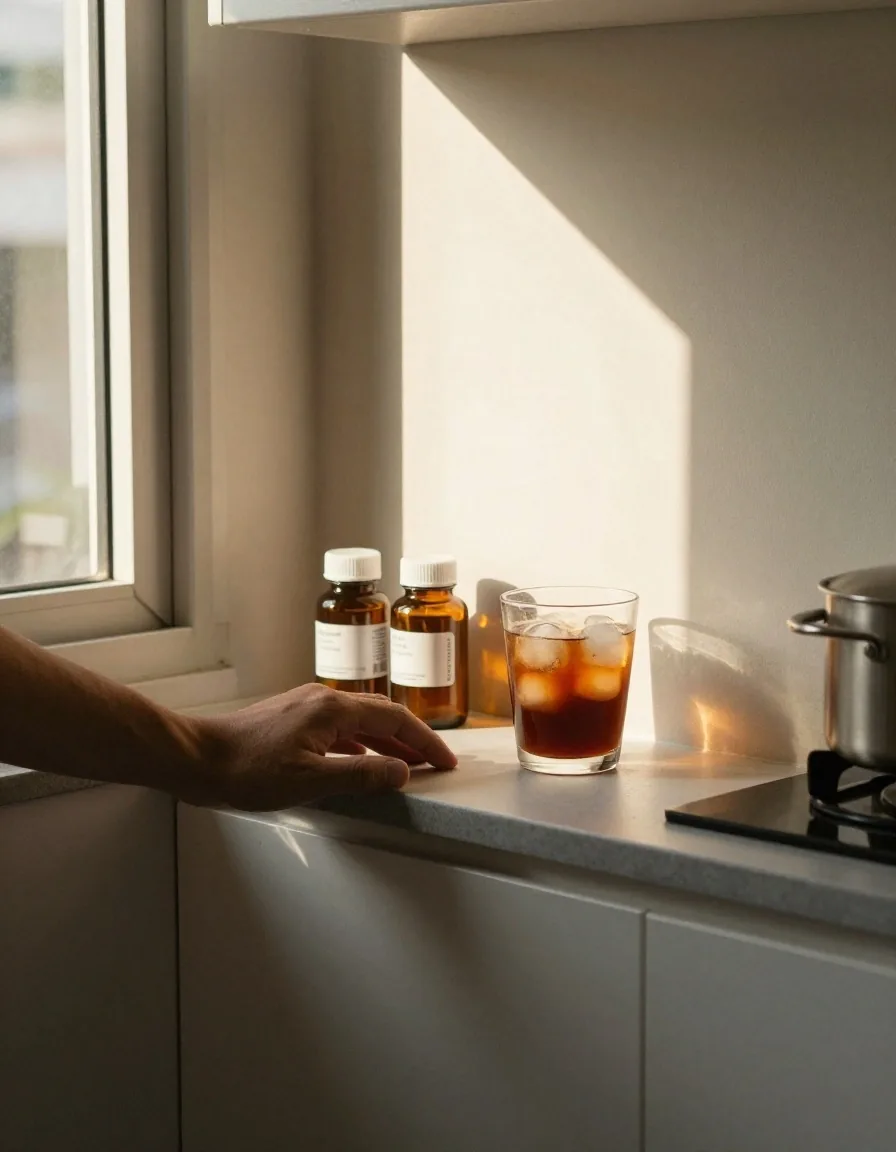 A hand resting on a ruled page beside two amber supplement bottles, a measuring spoon and a glass of water