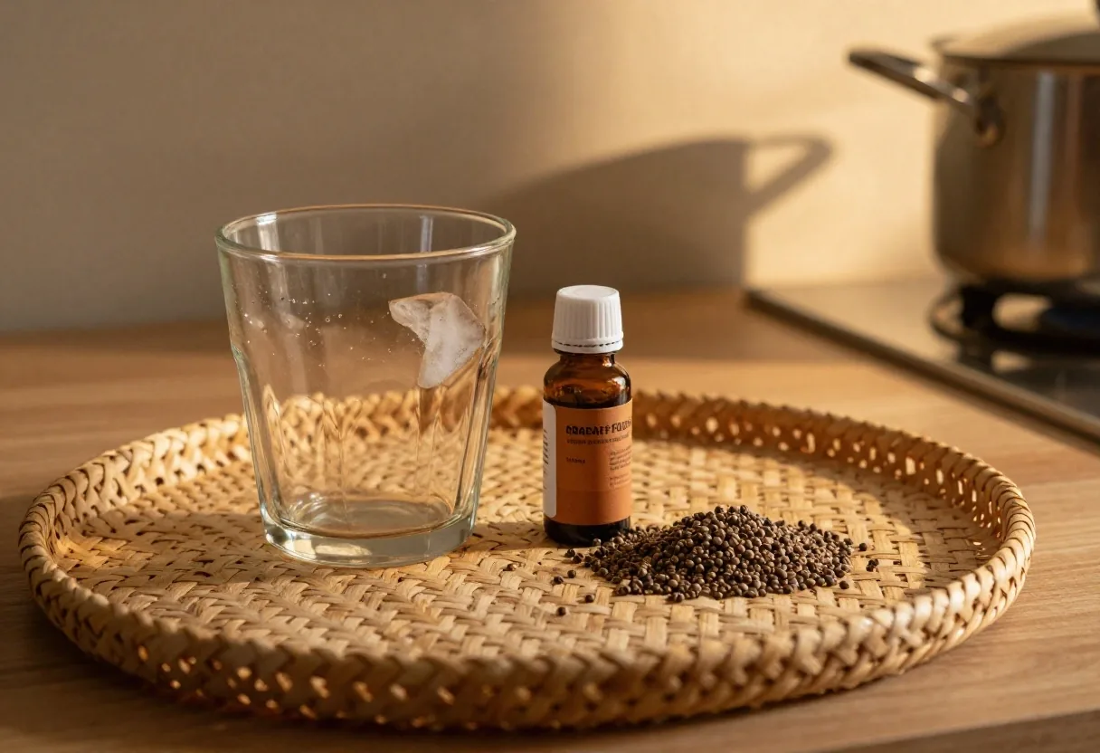 Amber supplement bottles on a lab bench beside green tea leaves, guarana seeds and a plain cup