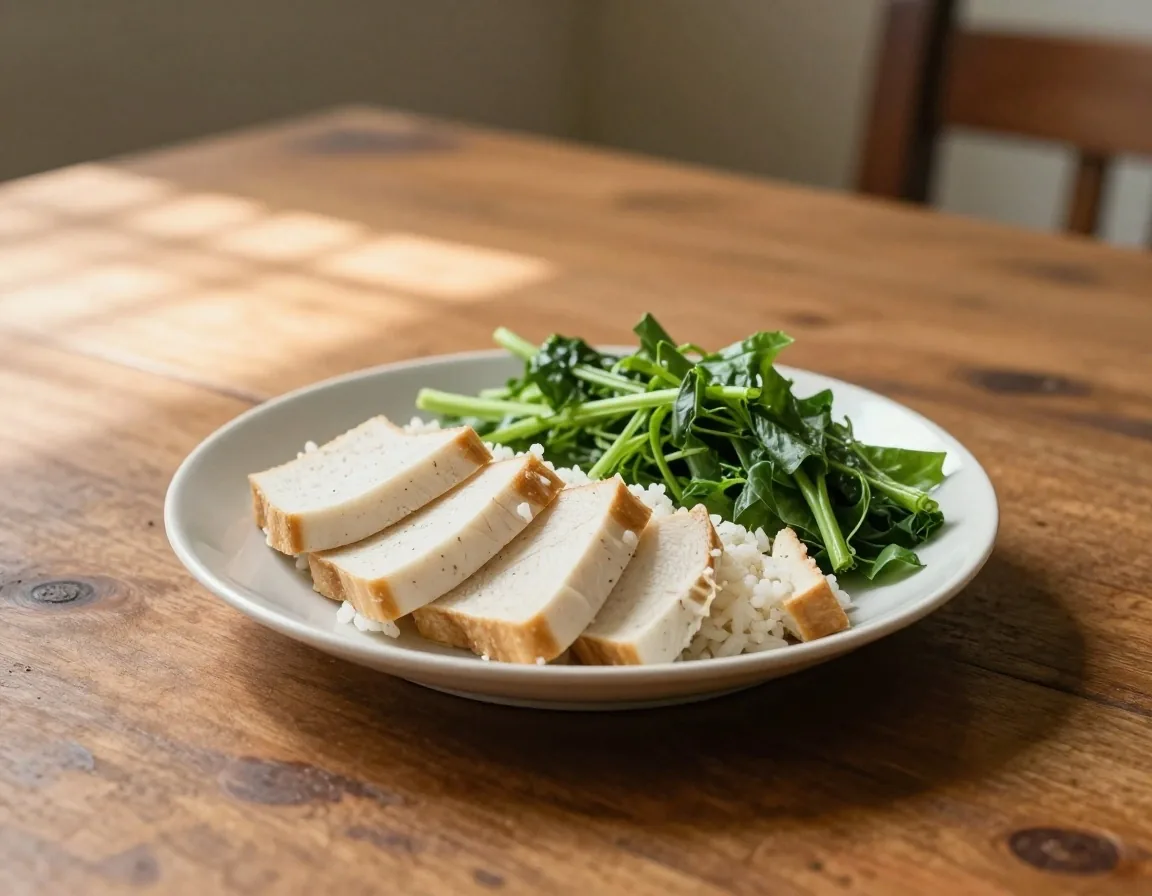 A simple plate of rice, tempeh and greens on a wooden table in warm morning light