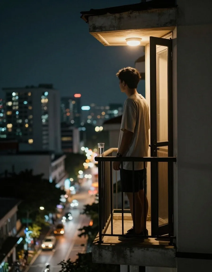 A desk at night with a closed notebook, a glass and a phone face-down under a warm lamp