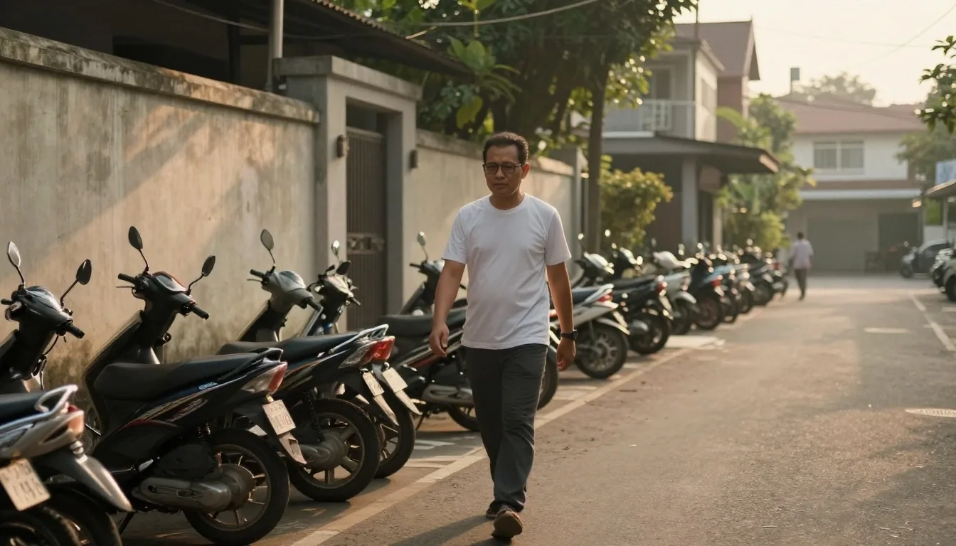 A man walking a quiet residential lane in Jakarta in early morning light