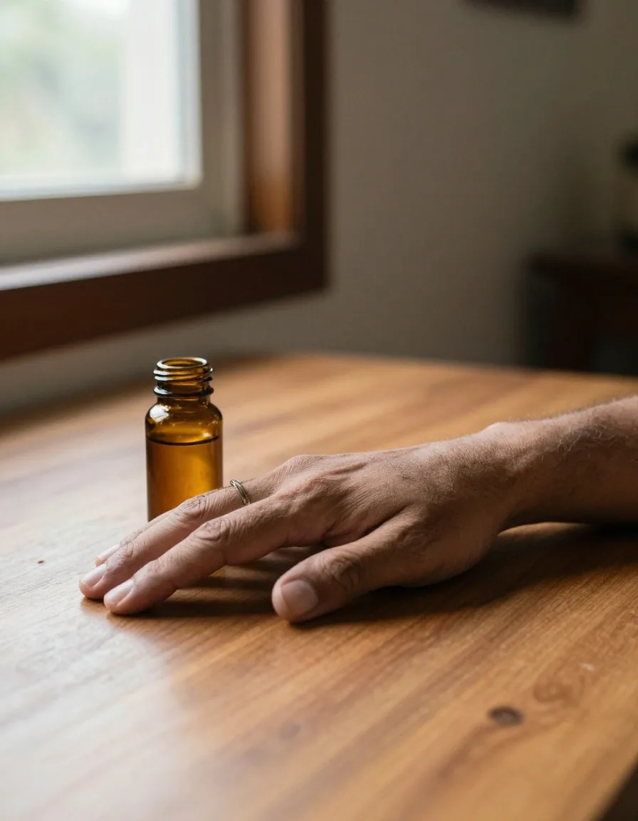 A hand resting on a printed page with a ruled number column beside a softly blurred amber bottle