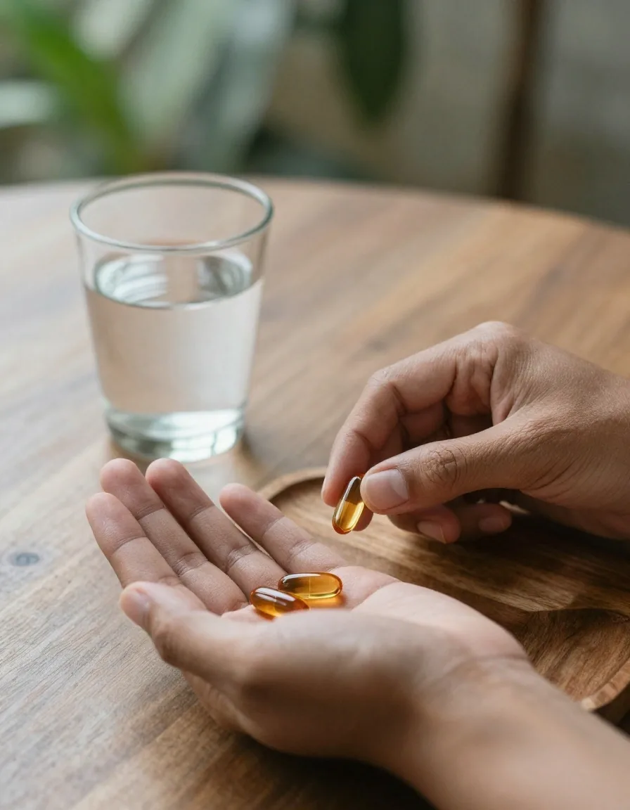 A printed daily count card folded on a ruled paper sheet beside an amber capsule bottle in warm light