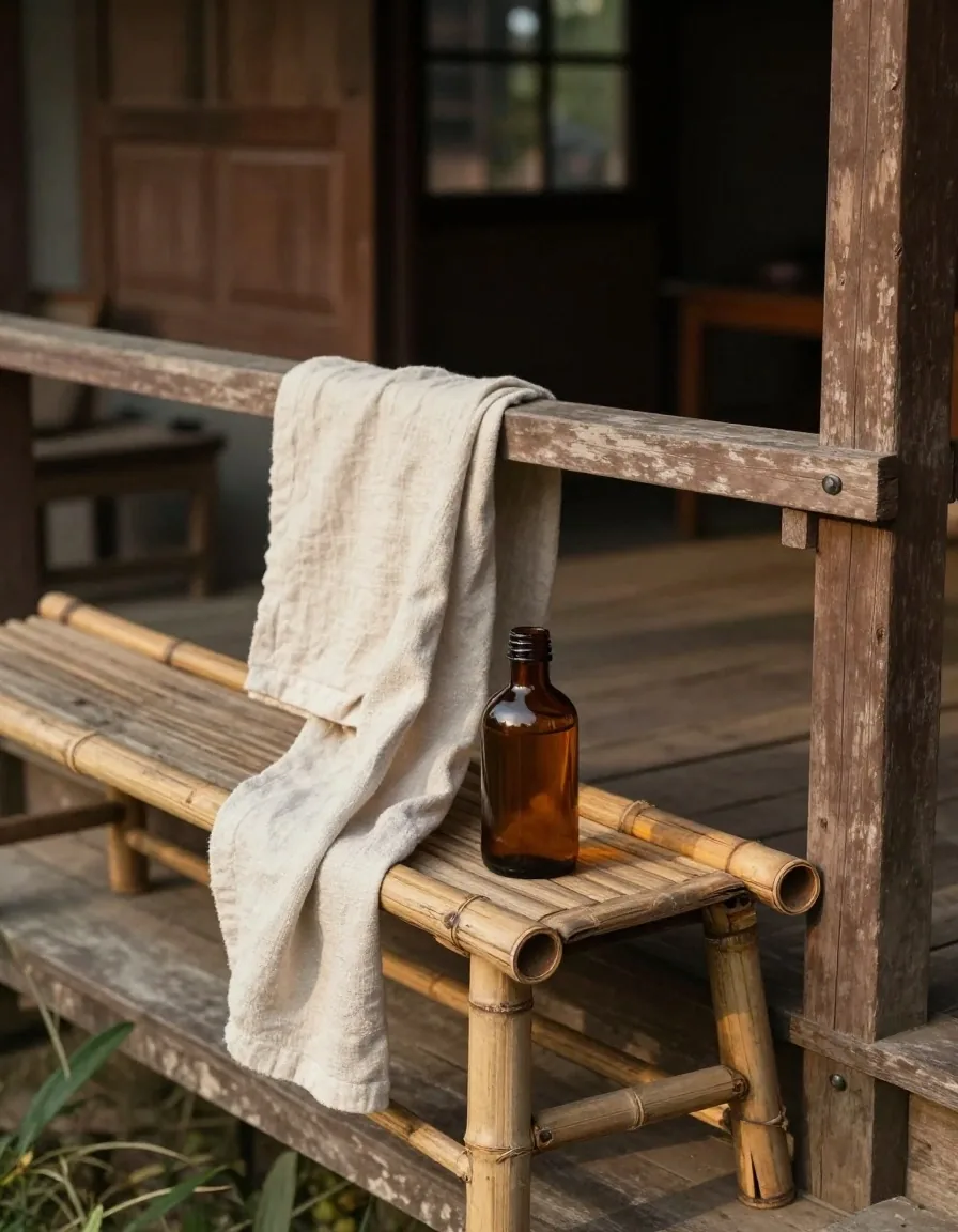 A hand resting a plain amber glass bottle on a ruled sheet at the edge of a wooden table