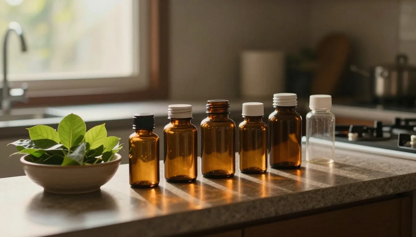 A row of plain amber glass bottles, a folded ruled sheet, and a small bowl of leaves on a wooden table in morning light