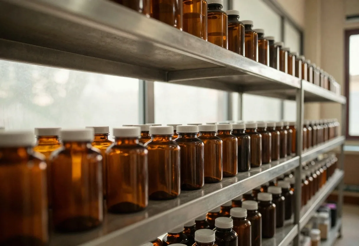 A plain supplement bottle and a folded ruled sheet resting on a stainless laboratory bench in warm morning light