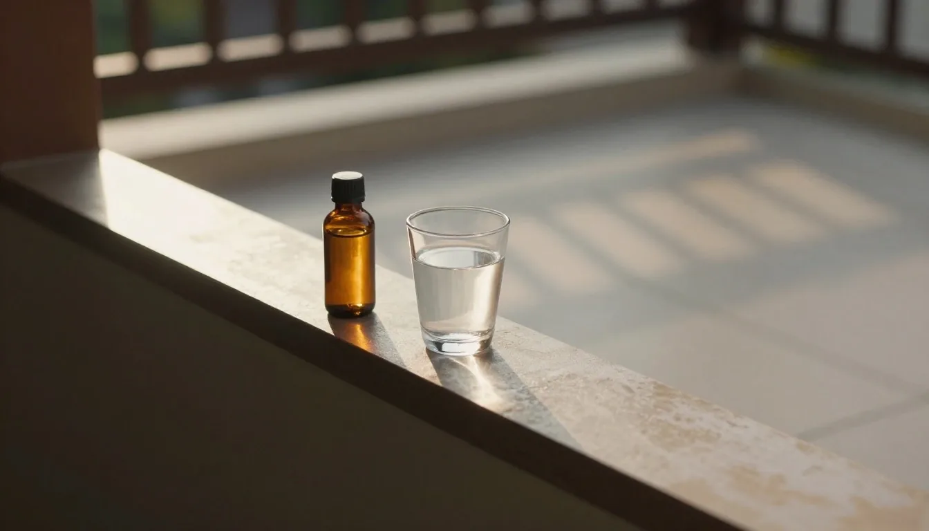 Amber bottle and glass of water on an office windowsill