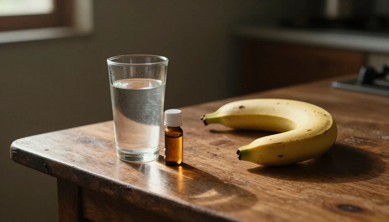Glass of water, folded napkin and amber bottle on a dark wood table
