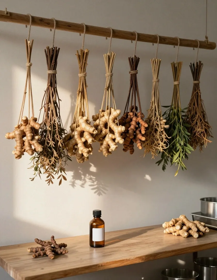 Pressed botanical stems beside an amber bottle on a lab bench