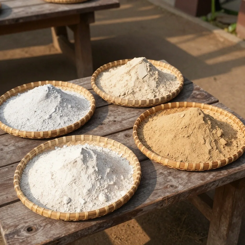 Three small dishes with different mineral powders on a pale ruled surface