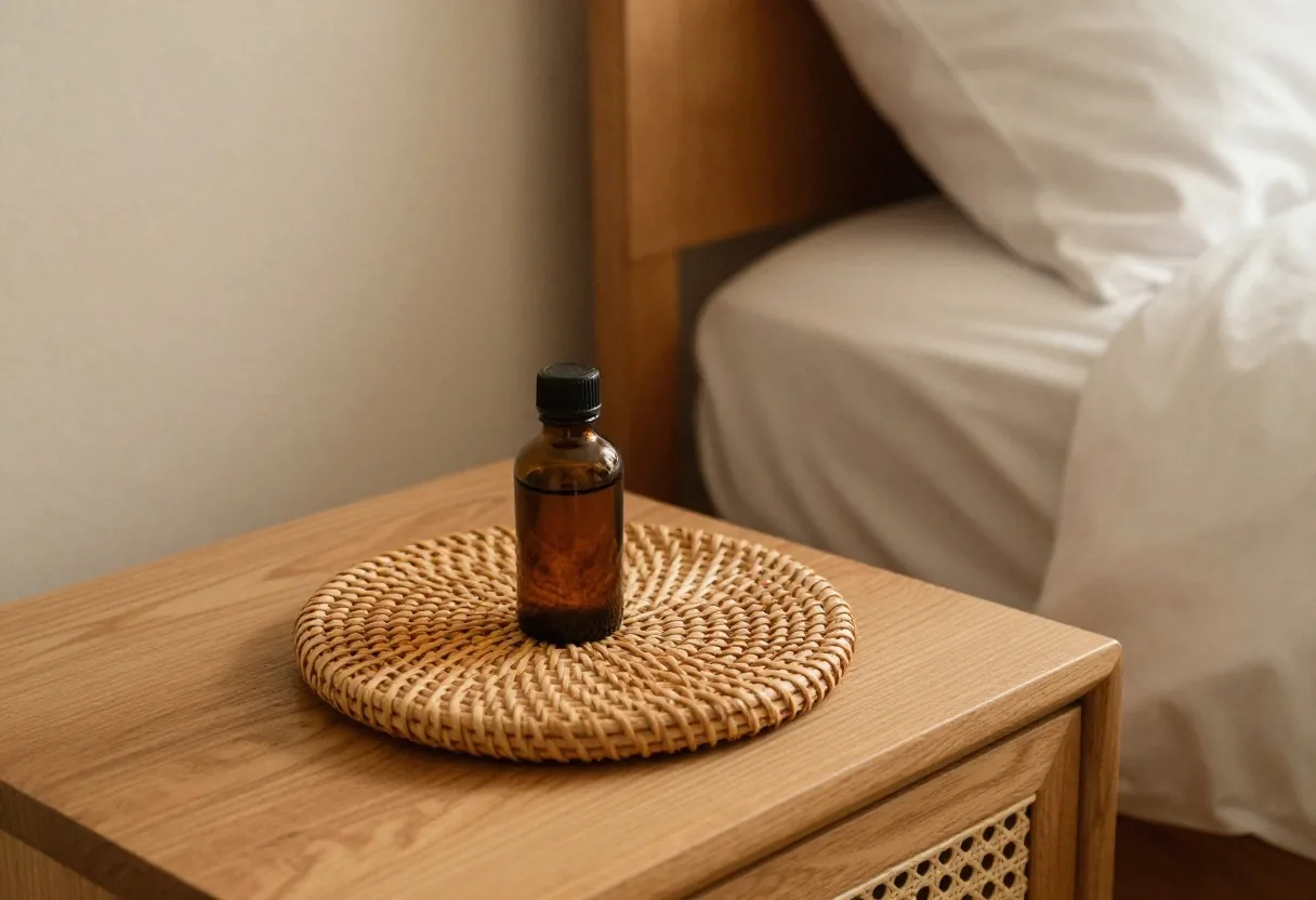 A man's hands setting an amber supplement bottle on a pale sheet at a wooden desk