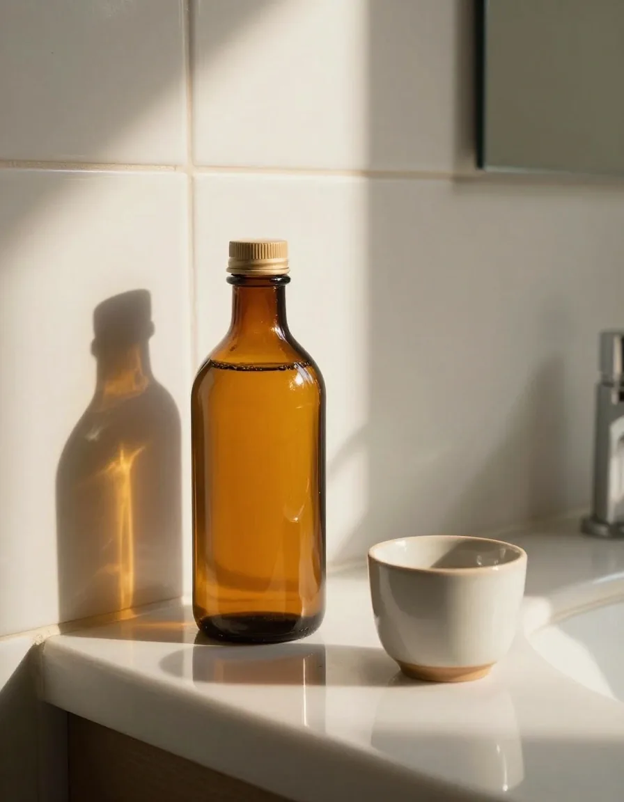 Amber glass supplement bottle standing on a pale ledger sheet in warm morning light