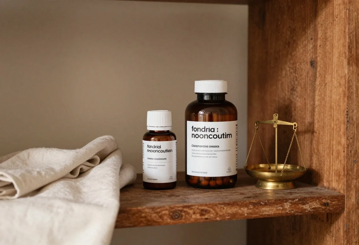 Two amber bottles of different sizes on a stainless bench beside a small brass scale