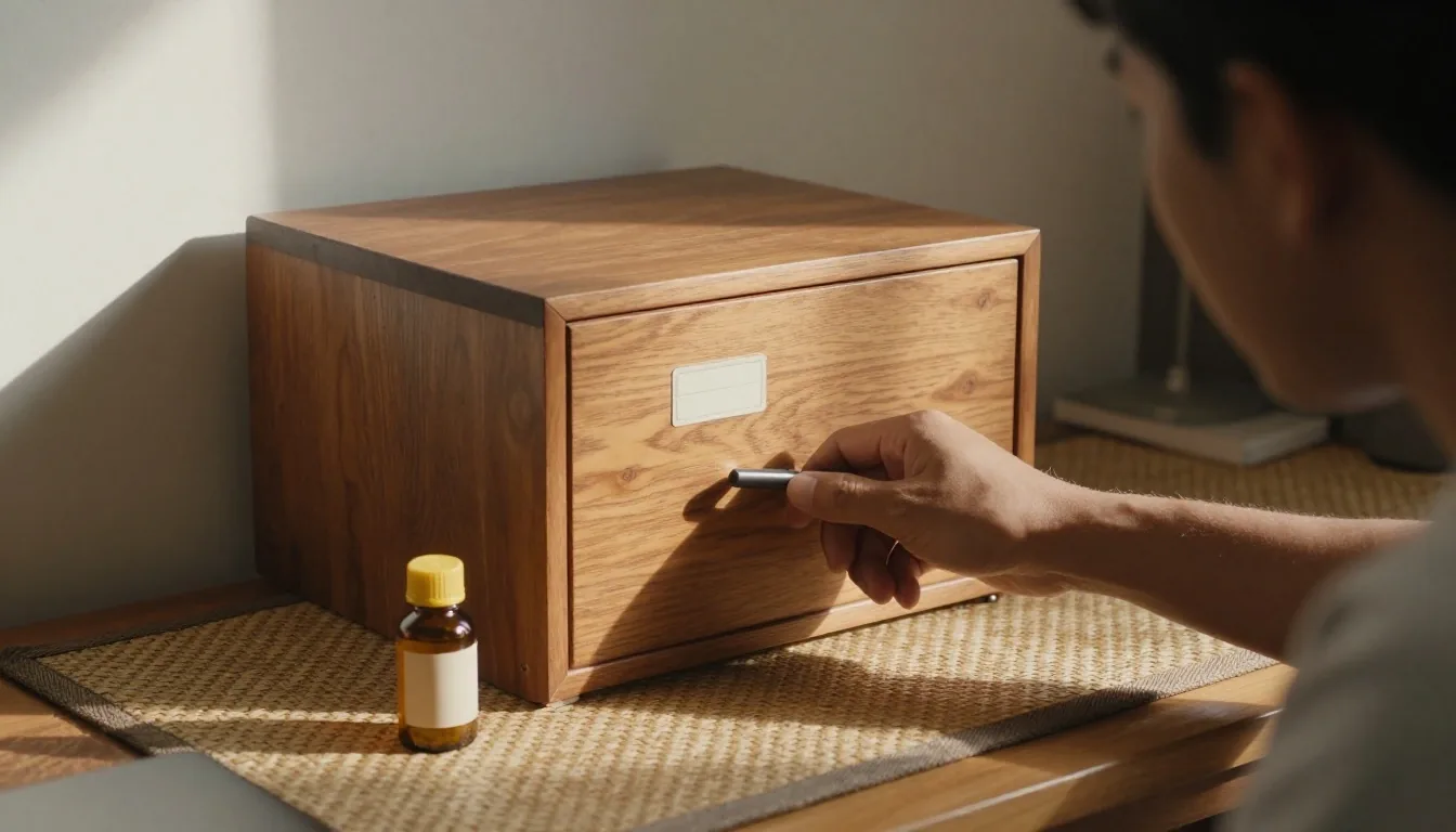 A man's hand setting a closed amber glass bottle down on a page of ruled columns at a wooden desk in morning light