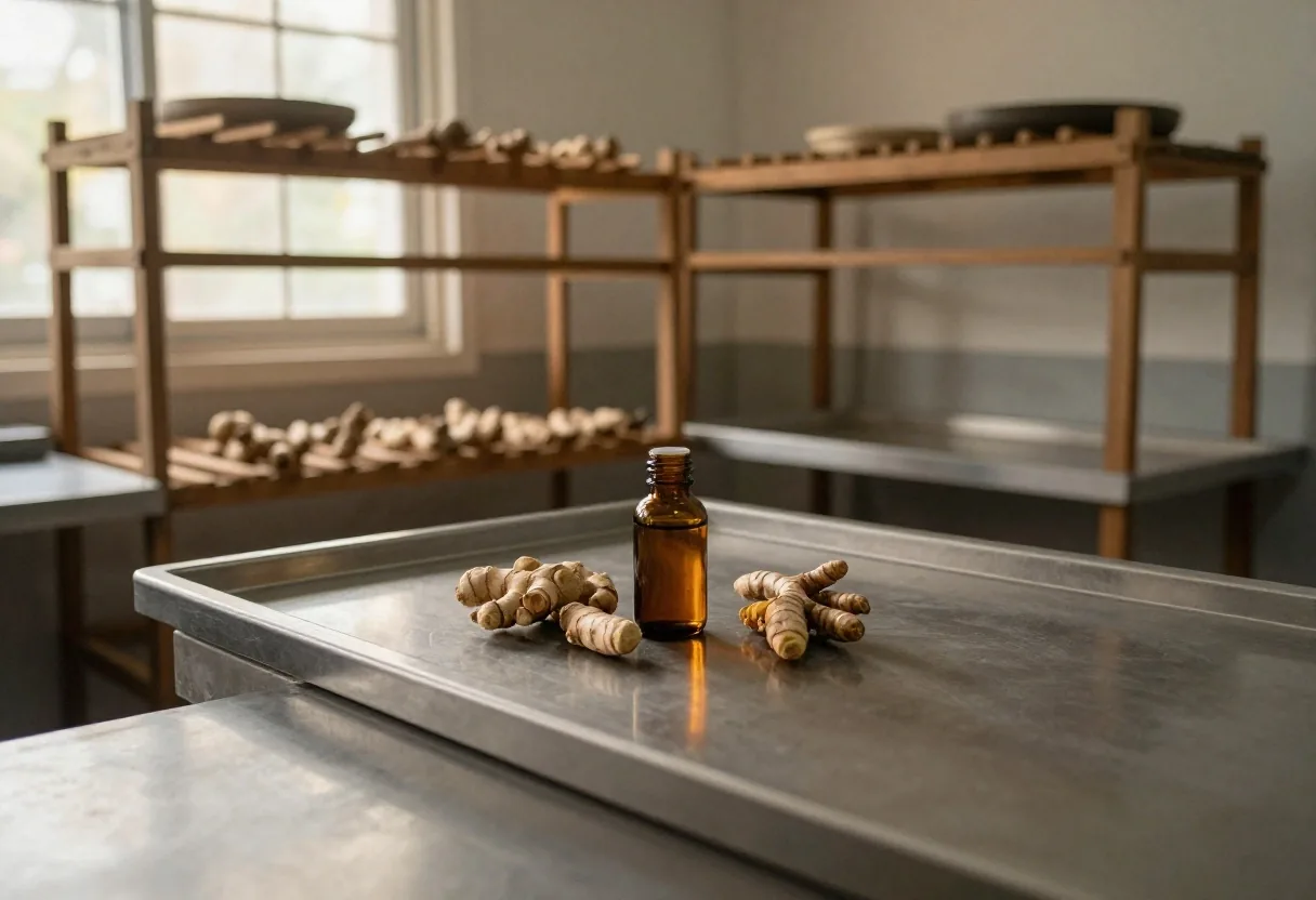 A ruled formulary sheet on a laboratory bench beside an amber glass bottle catching warm morning light