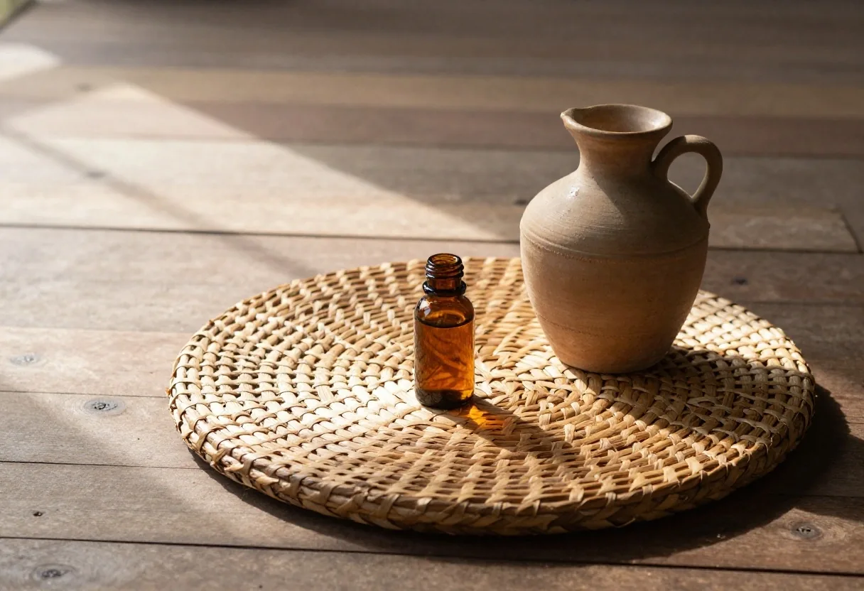 A hand setting an amber supplement bottle down on a printed formulary page on a wooden desk